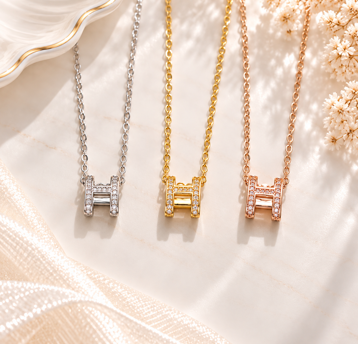 H necklaces diamond gold silver or rosegold