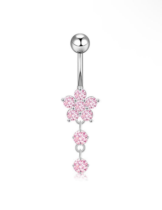 pink and silver flower belly piercing