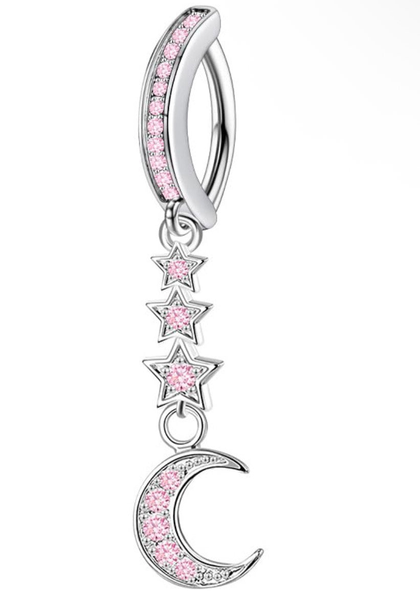 Silver and pink moon and stars belly ring