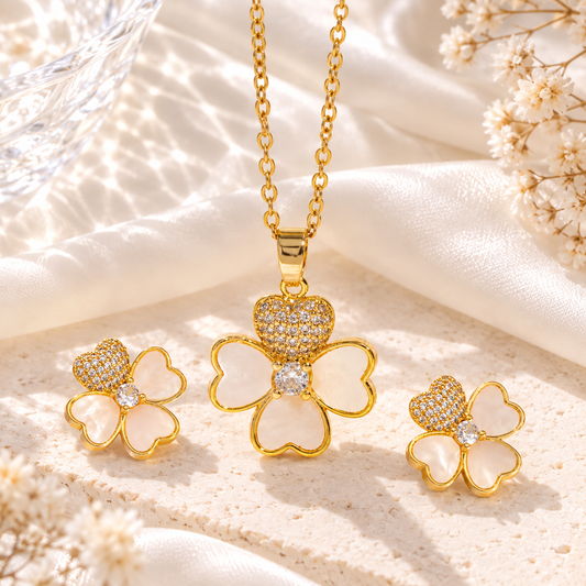 gold and white/pink earrings and necklace clover set