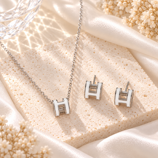 H set necklace and earrings white and silver