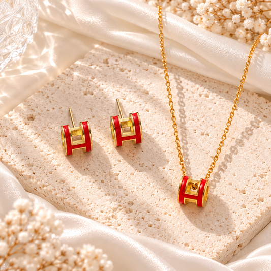 H set earrings and necklace red and gold