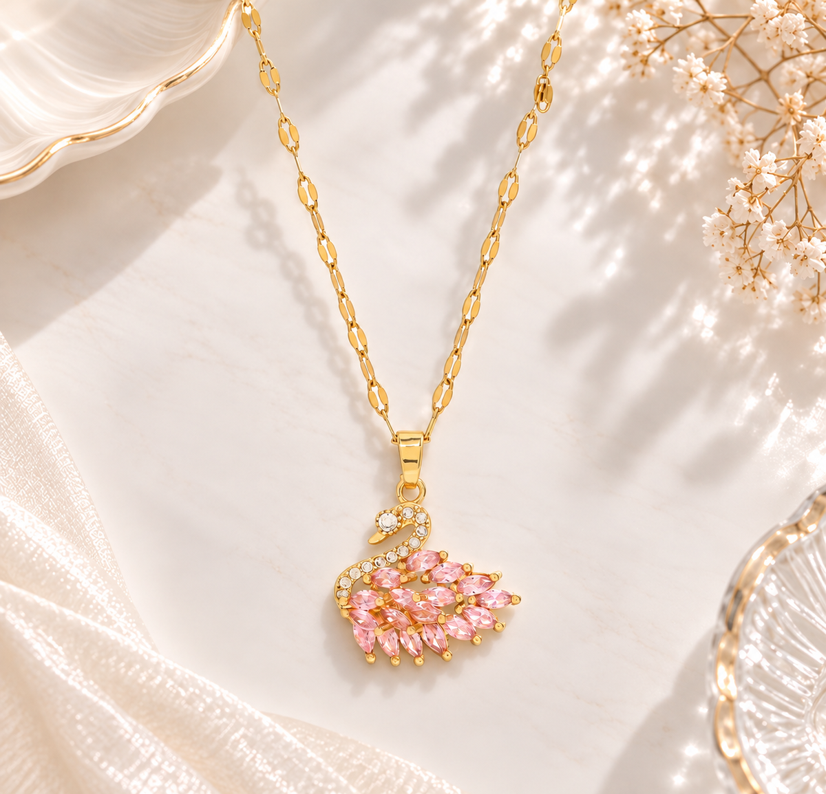 pink swan gold necklace
