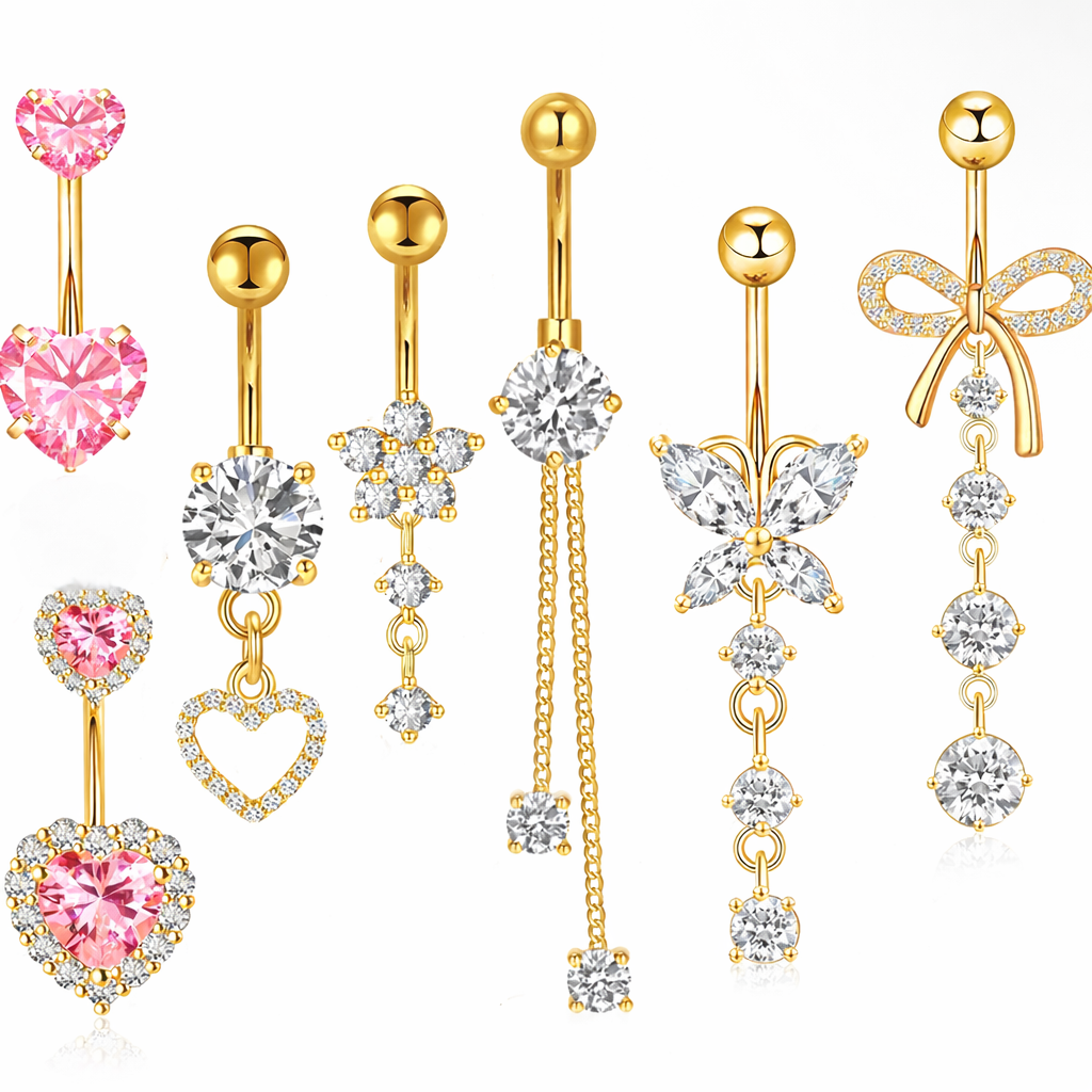 7 gold and pink belly piercings
